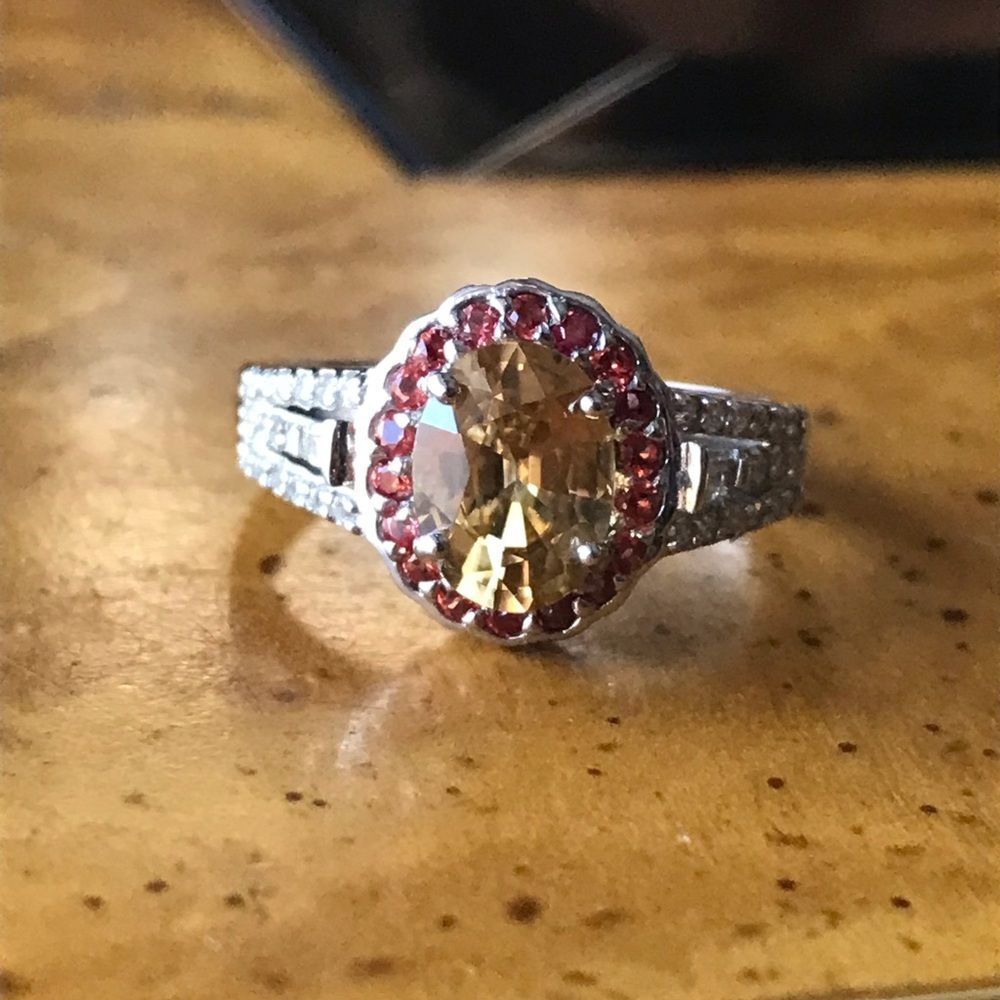 Natural Red Sapphire Yellow Zircon Sterling Silver Ring Size 6